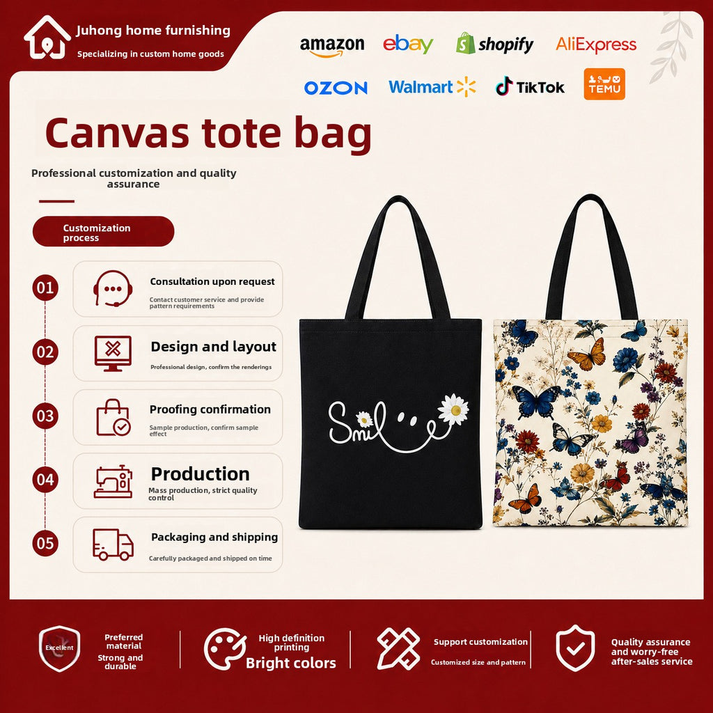 Floral Print Canvas Hand Carry Tote Bag