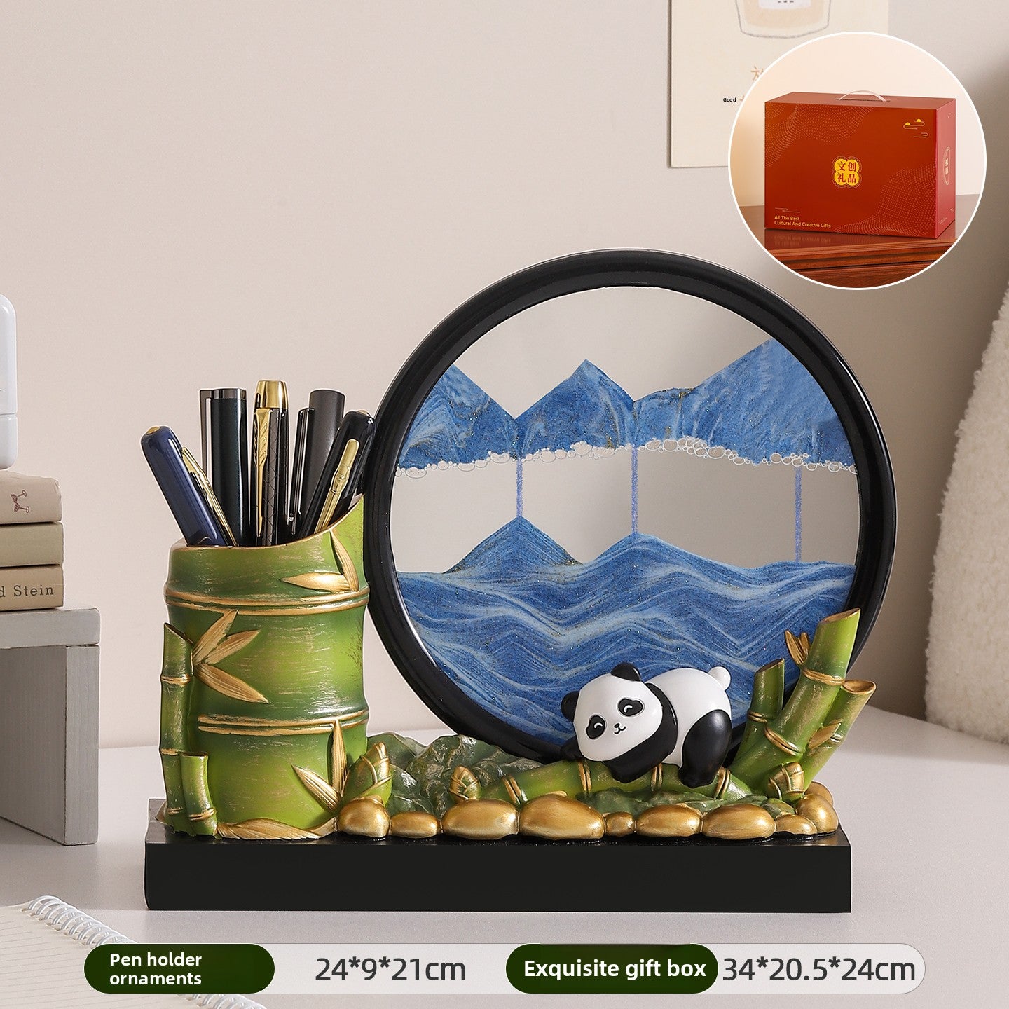 Rotating Panda Pen Holder with Quicksand Art